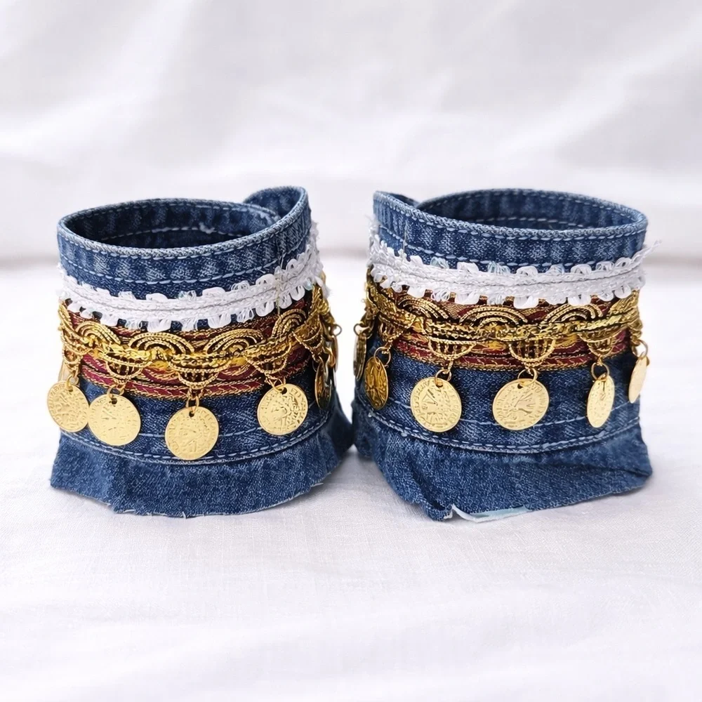 RUBYRUDI Artisan Denim Cuff Bracelet Set Shabby Chic Tattered Raw Edge Signed